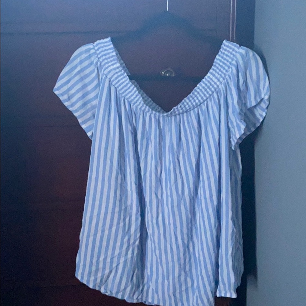 old navy off the shoulder blue and white shirt.